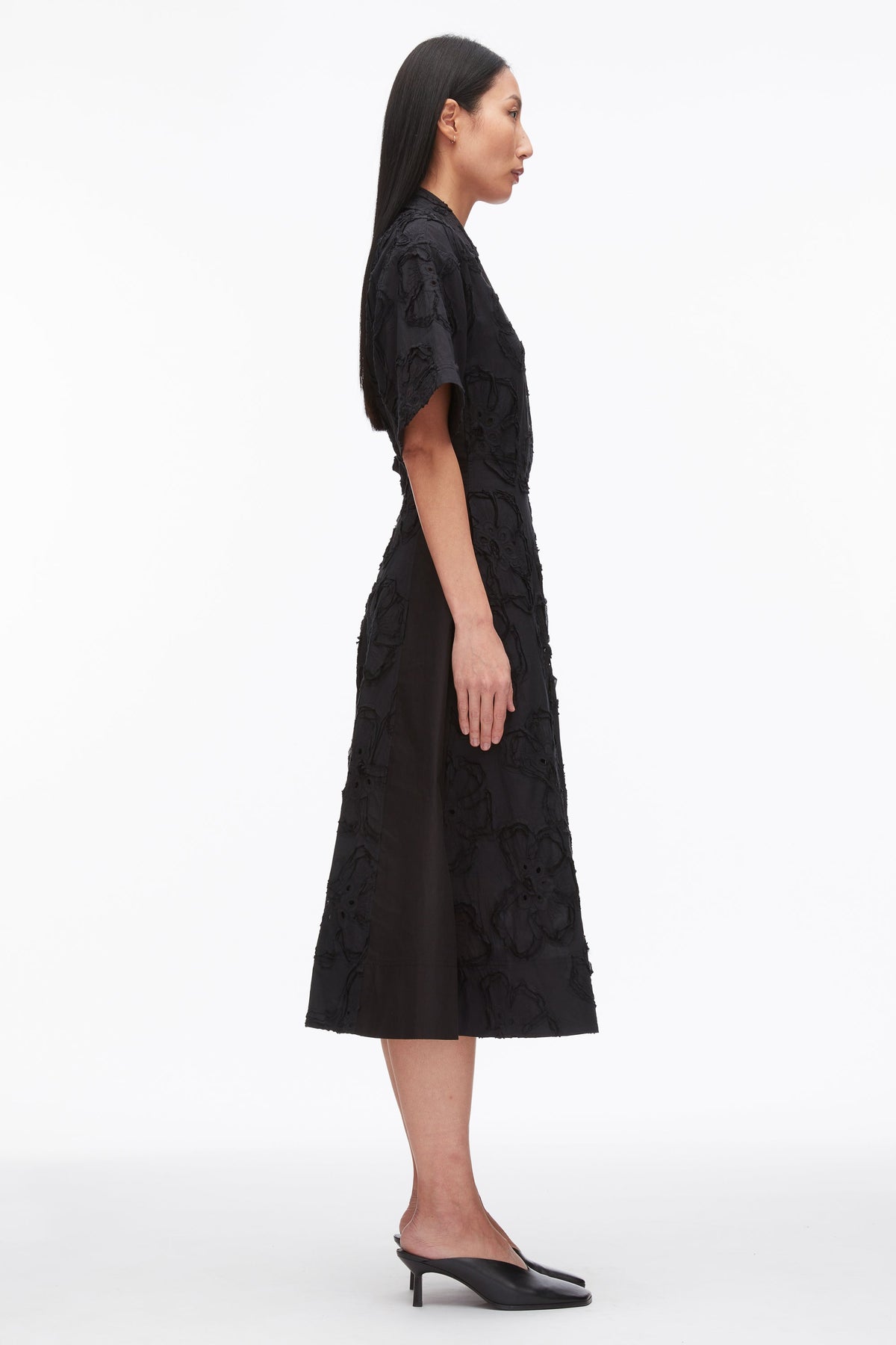 Embroidered Midi Shirt Dress Black