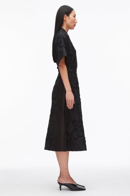 Embroidered Midi Shirt Dress Black