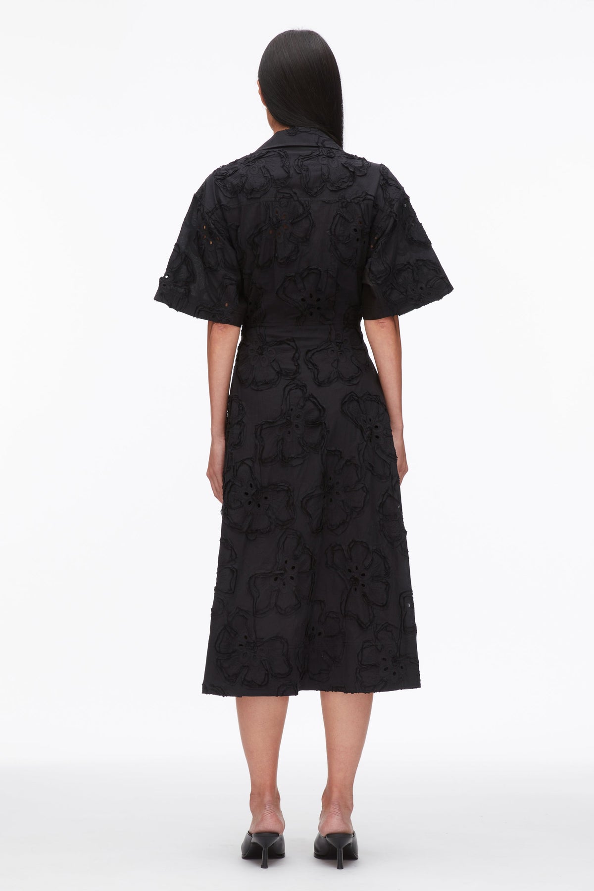 Embroidered Midi Shirt Dress Black