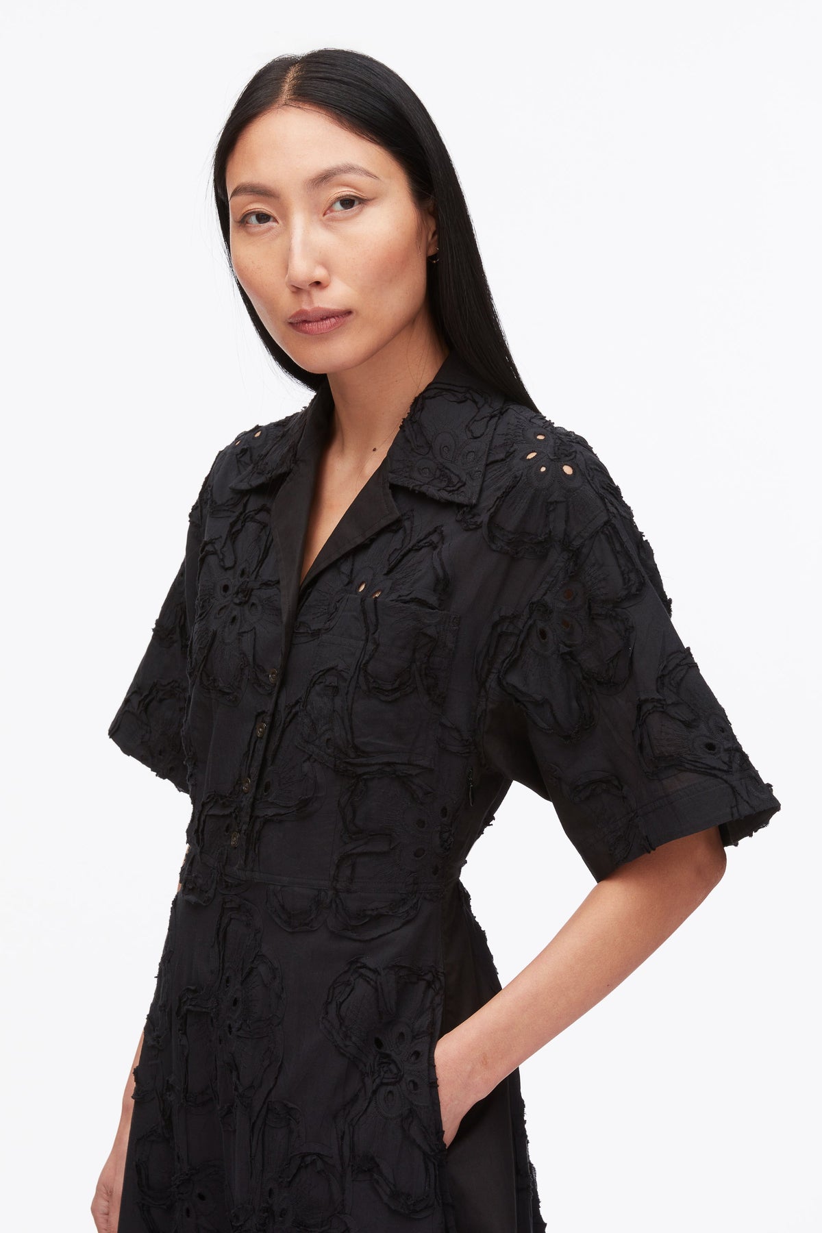 Embroidered Midi Shirt Dress Black