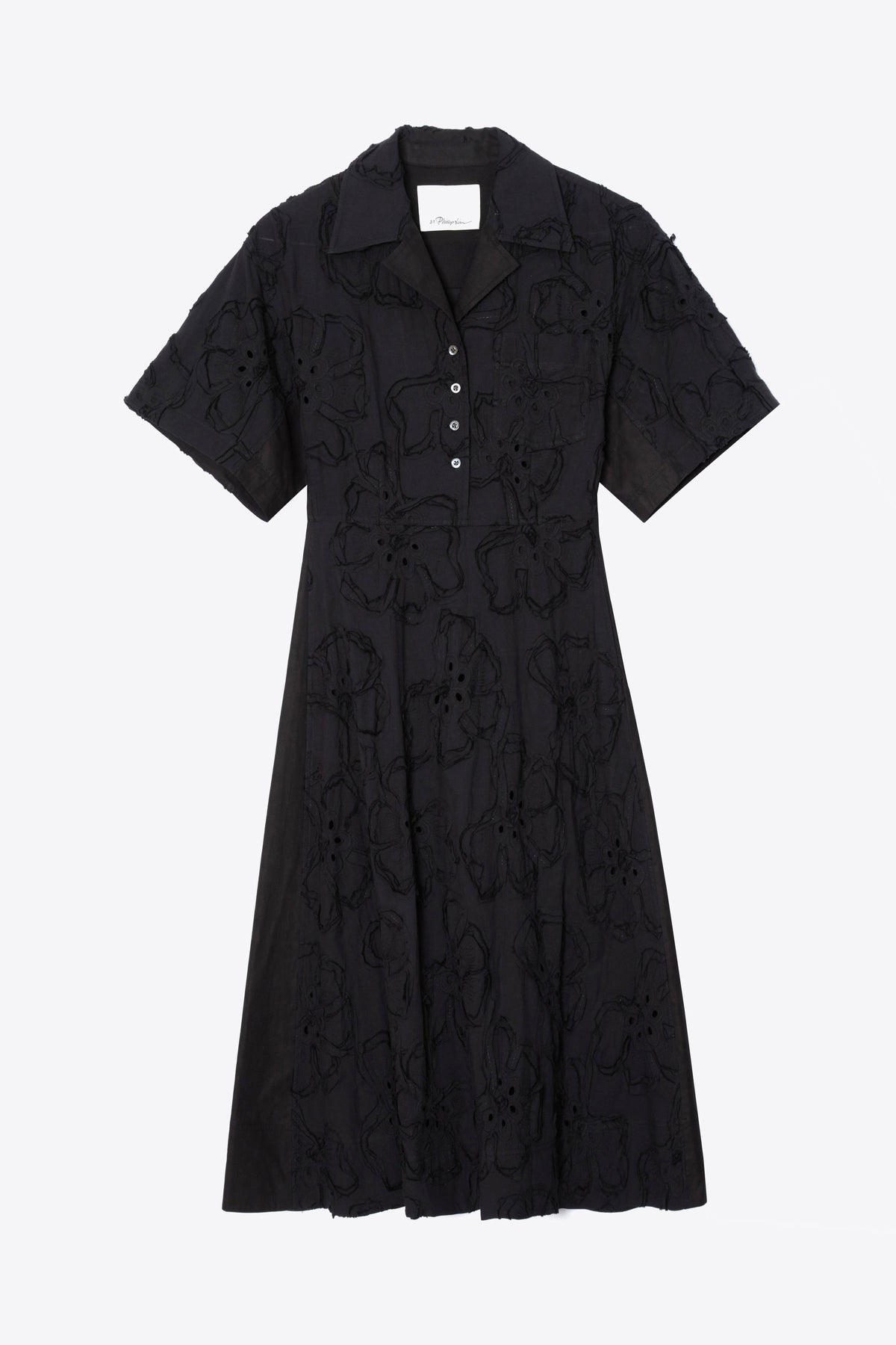 Embroidered Midi Shirt Dress Black