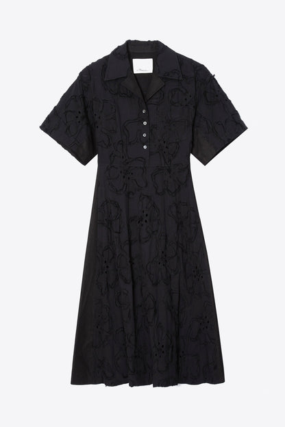 Embroidered Midi Shirt Dress Black