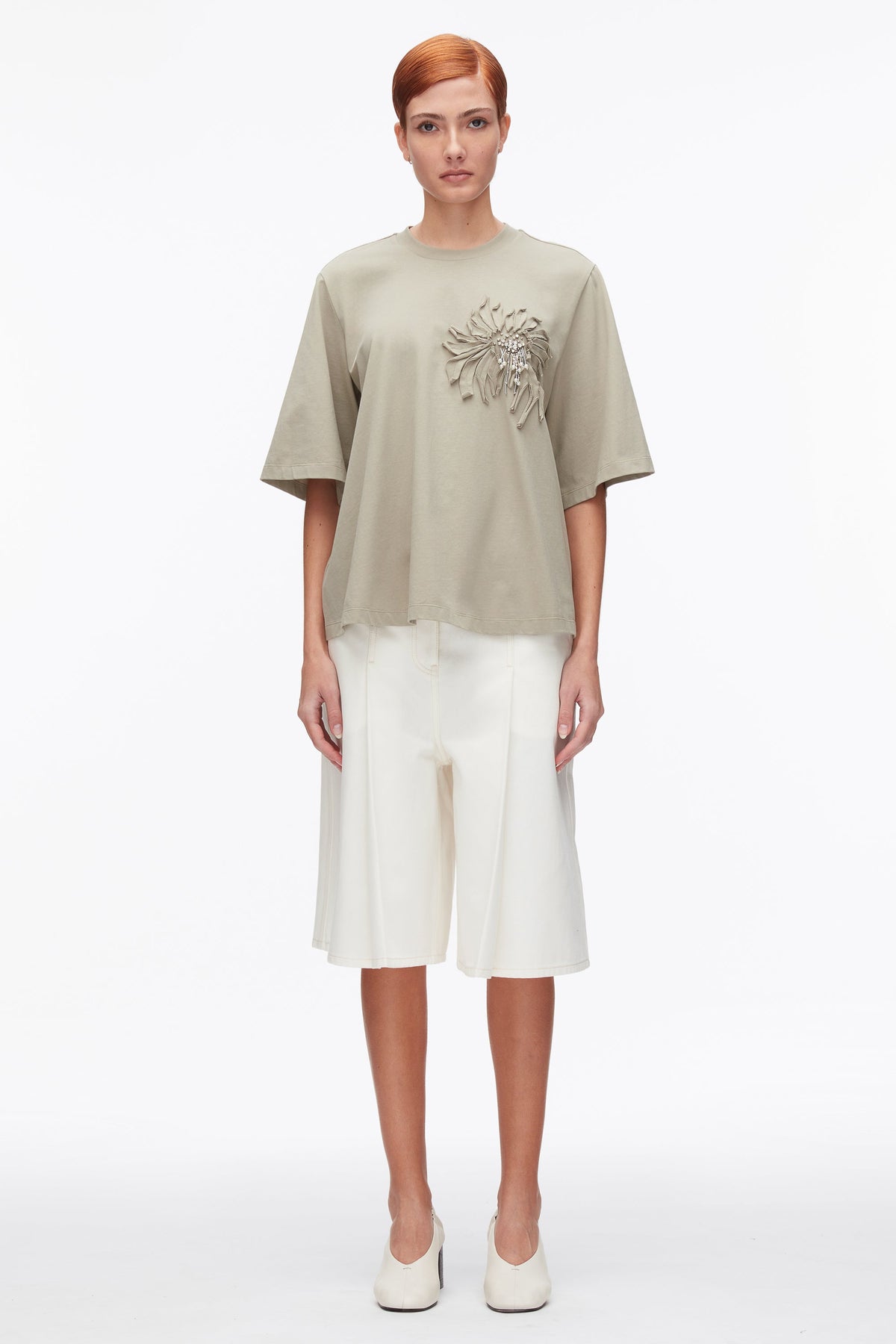 Trapeze T-Shirt with Floral Appliqué Sage