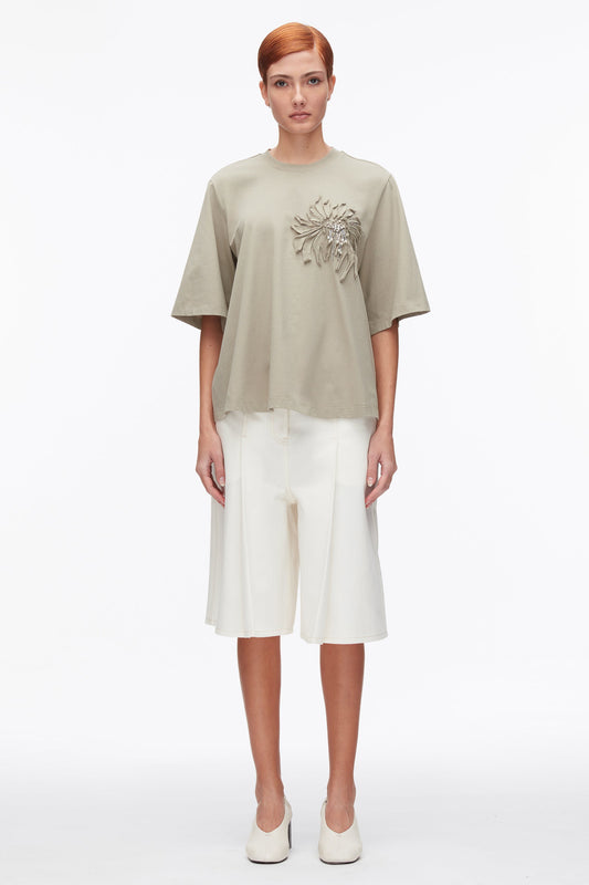 Trapeze T-Shirt with Floral Appliqué Sage