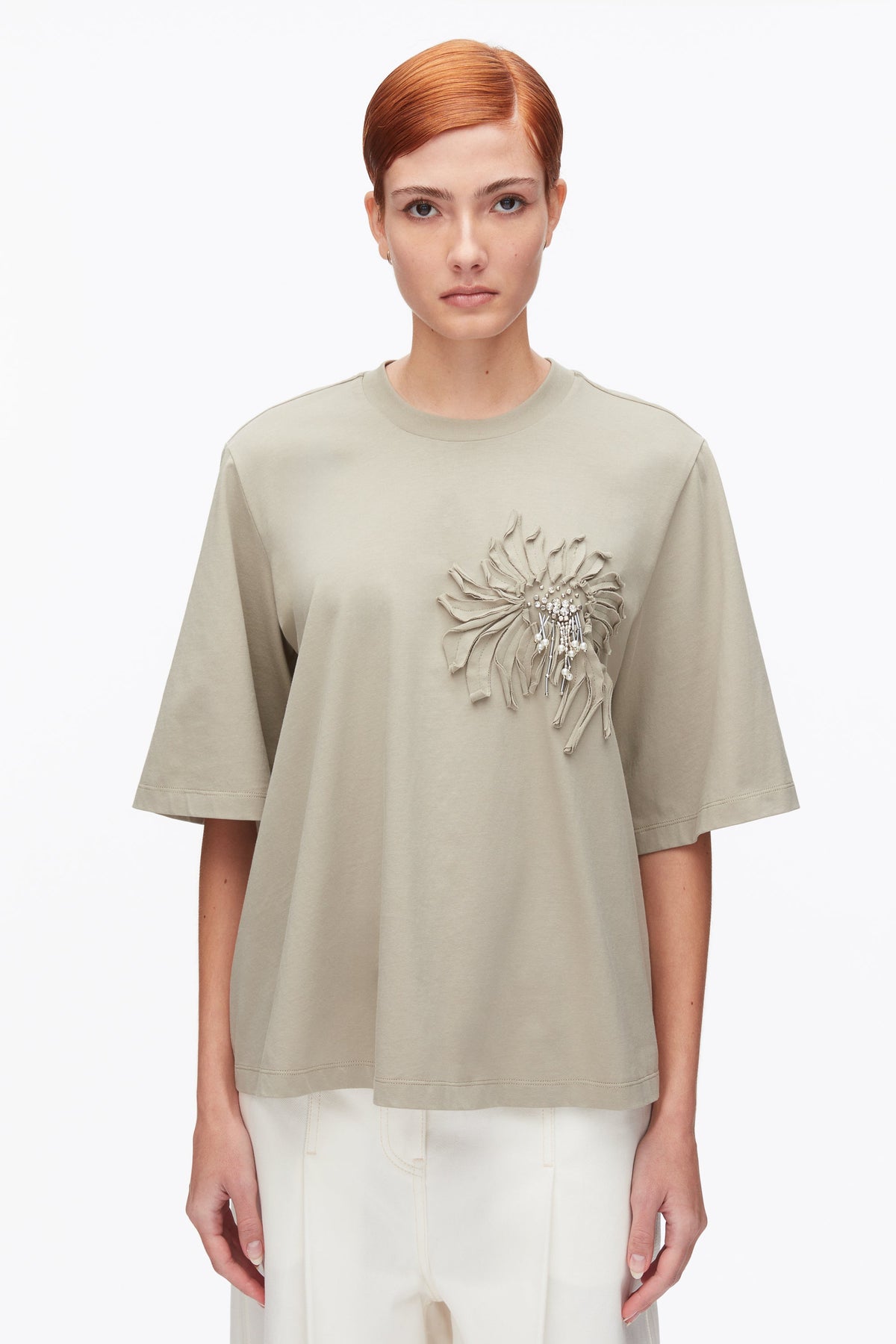 Trapeze T-Shirt with Floral Appliqué Sage