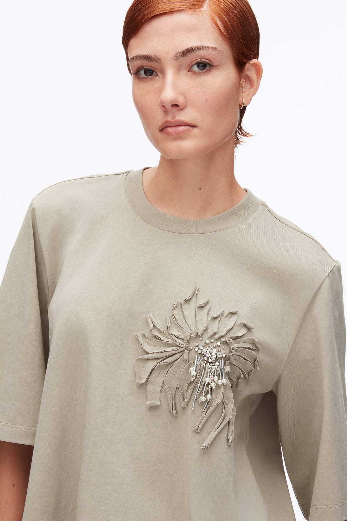 Trapeze T-Shirt with Floral Appliqué Sage