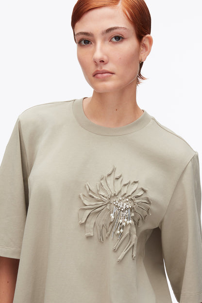 Trapeze T-Shirt with Floral Appliqué Sage