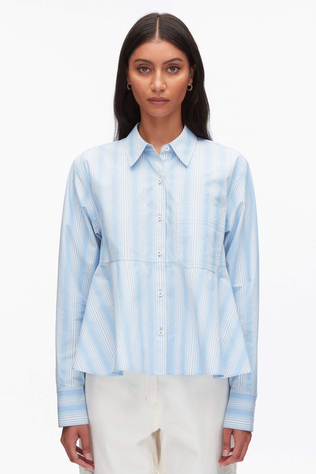 Long Sleeve Striped Flounce Shirt Airy Blue Multi