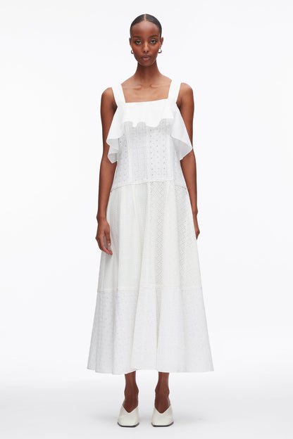Broderie Anglaise Patchwork Cascade Midi Dress White
