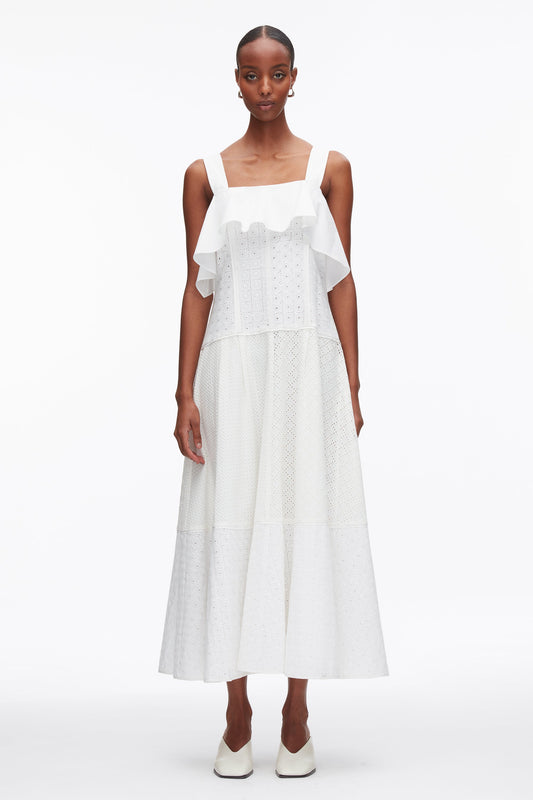 Broderie Anglaise Patchwork Cascade Midi Dress White