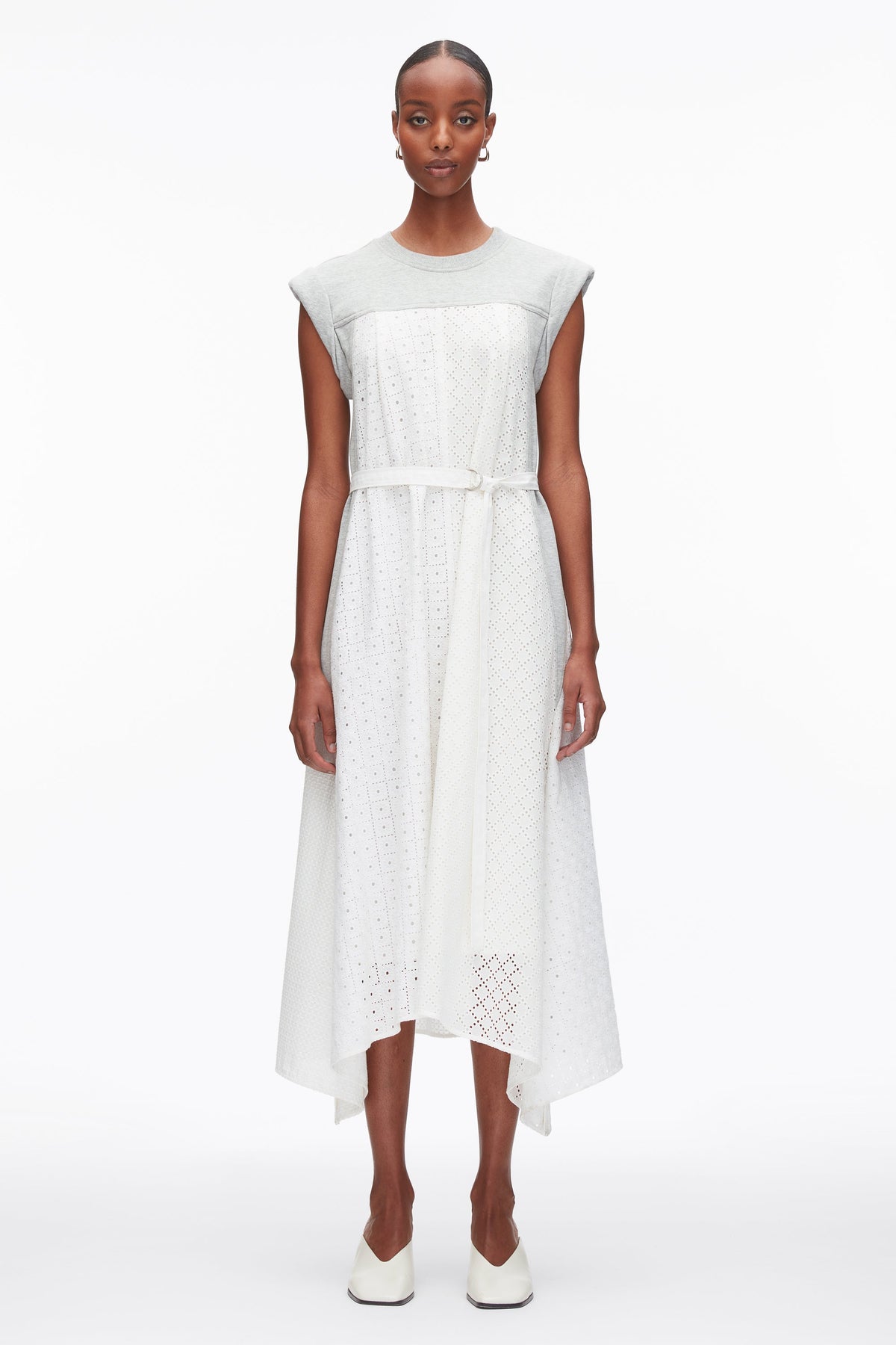 Sleeveless French Terry Dress with Broderie Anglaise Lt Grey Melange-White