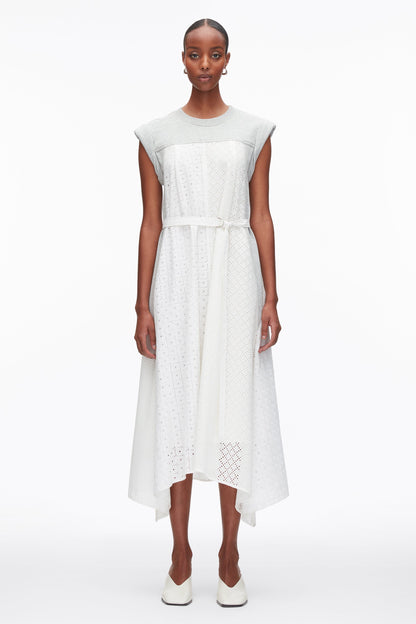 Sleeveless French Terry Dress with Broderie Anglaise Lt Grey Melange-White