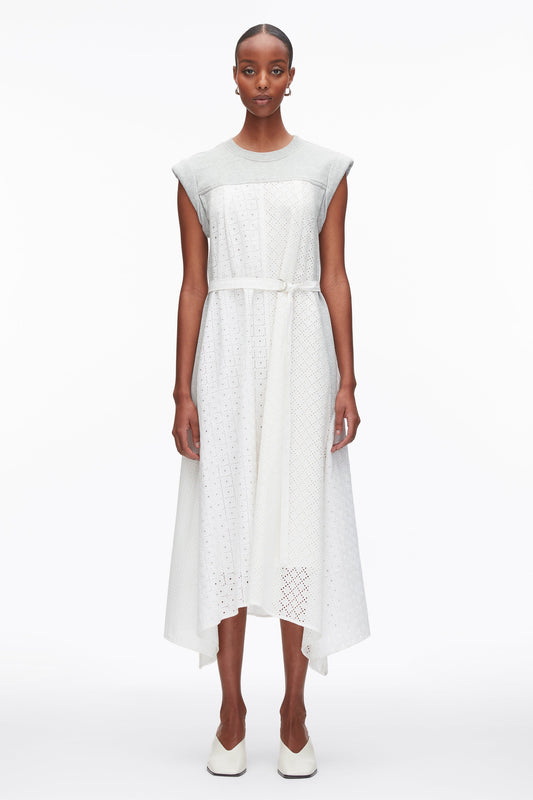 Sleeveless French Terry Dress with Broderie Anglaise Lt Grey Melange-White