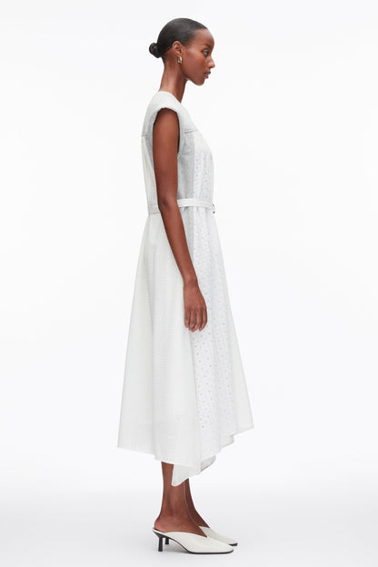 Sleeveless French Terry Dress with Broderie Anglaise Lt Grey Melange-White