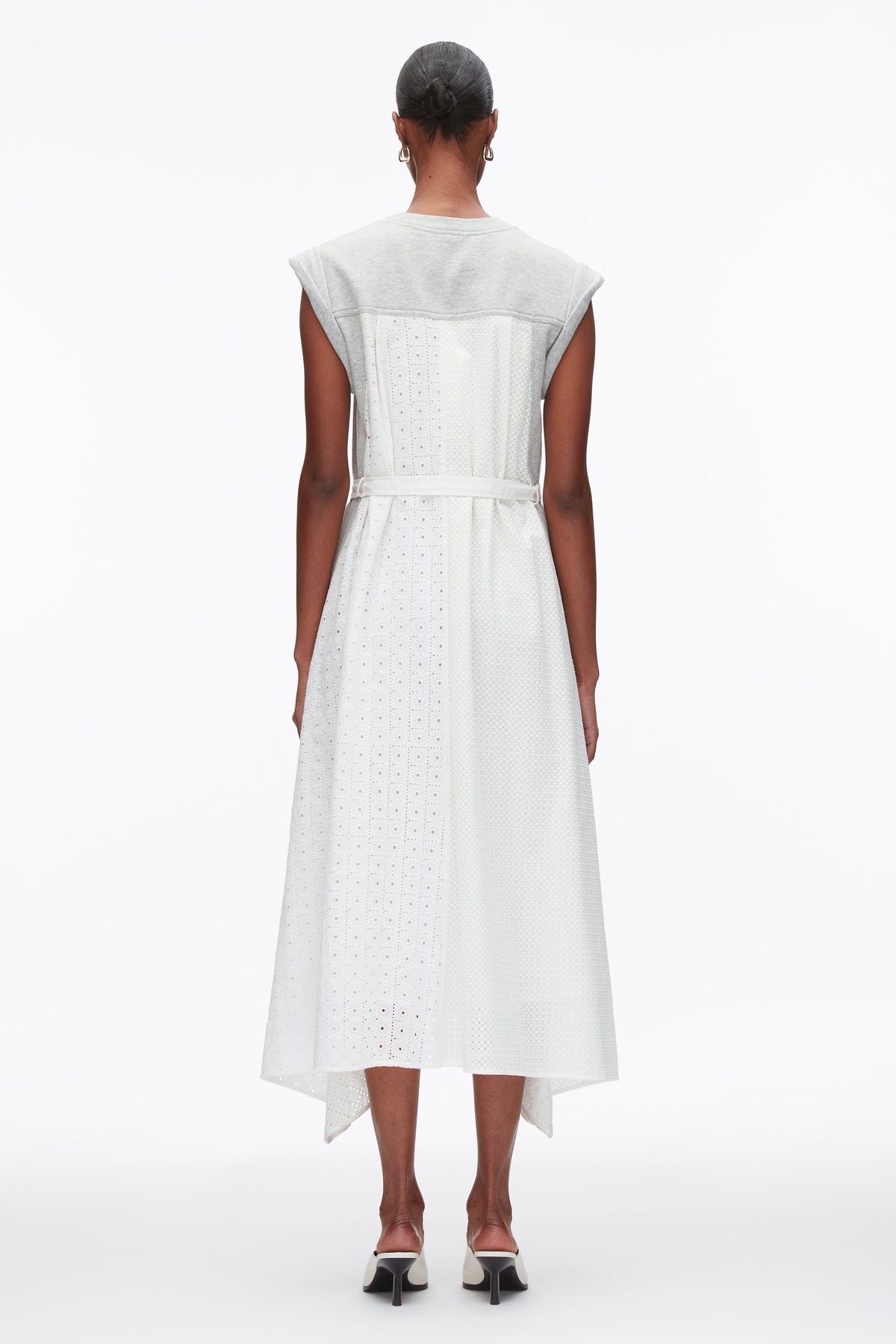 Sleeveless French Terry Dress with Broderie Anglaise Lt Grey Melange-White
