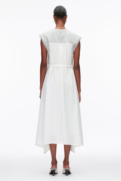 Sleeveless French Terry Dress with Broderie Anglaise Lt Grey Melange-White