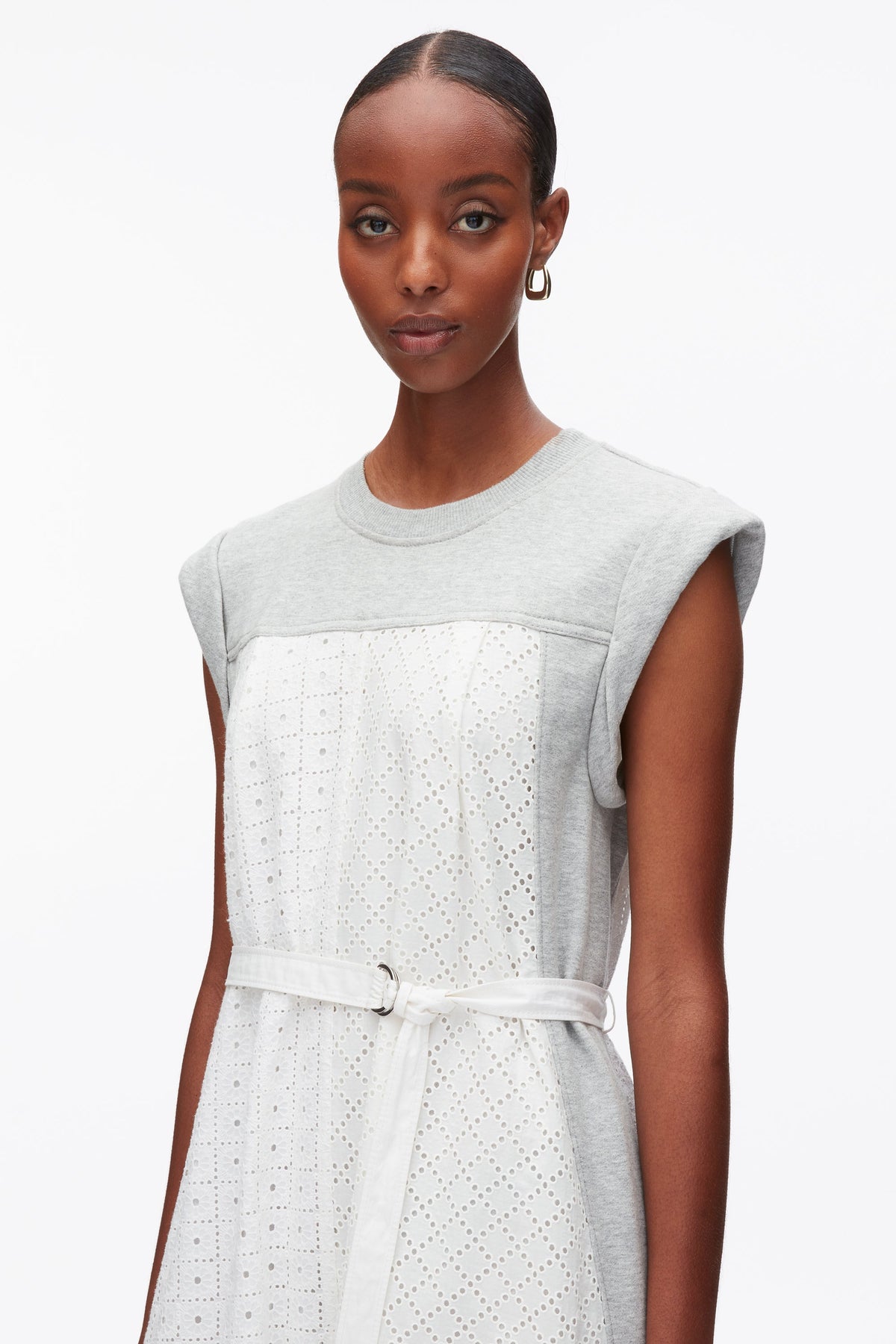 Sleeveless French Terry Dress with Broderie Anglaise Lt Grey Melange-White