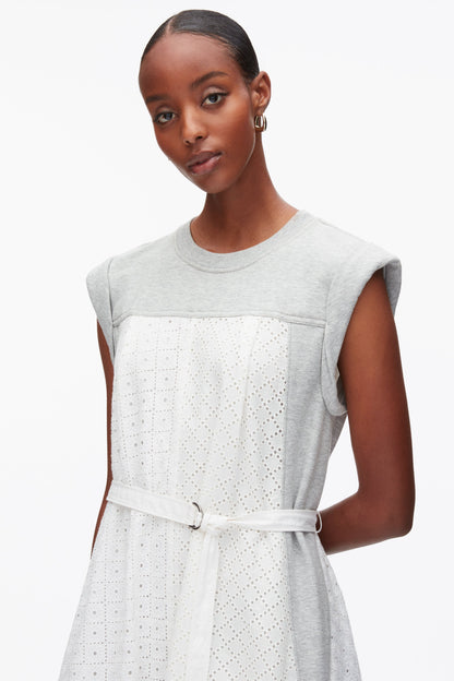 Sleeveless French Terry Dress with Broderie Anglaise Lt Grey Melange-White