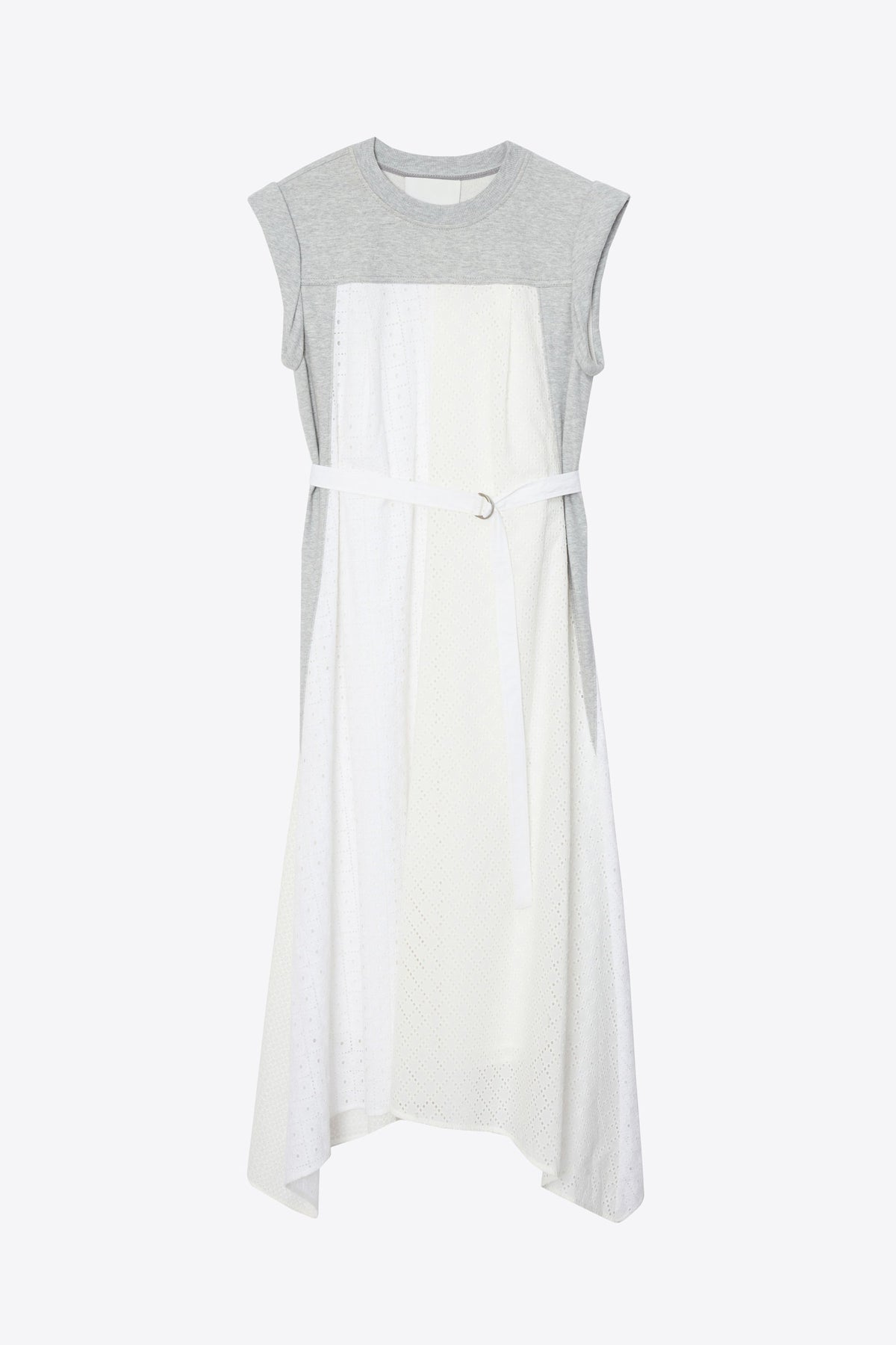 Sleeveless French Terry Dress with Broderie Anglaise Lt Grey Melange-White