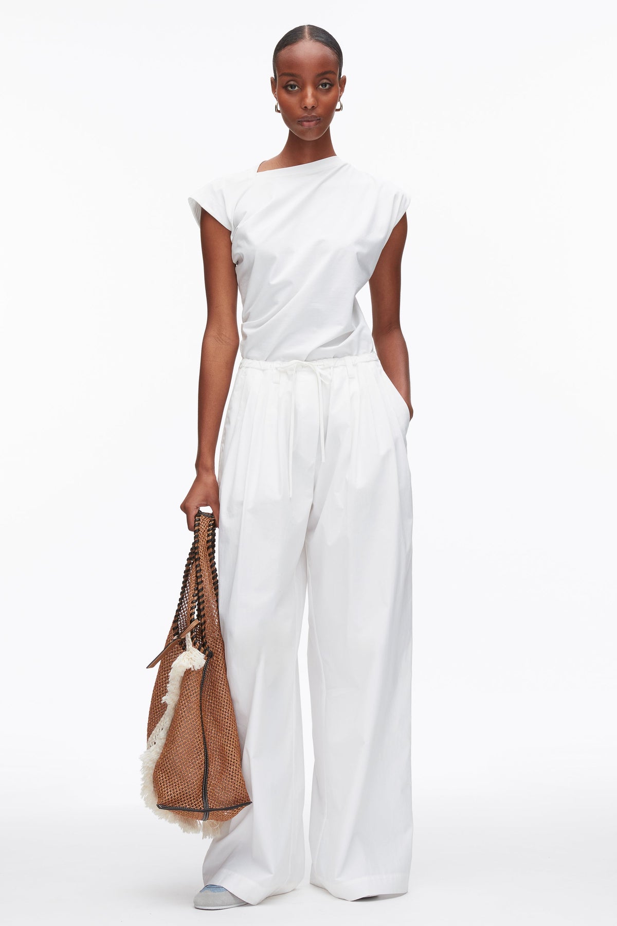 Structured Cotton Pull On Straight Leg Pants White