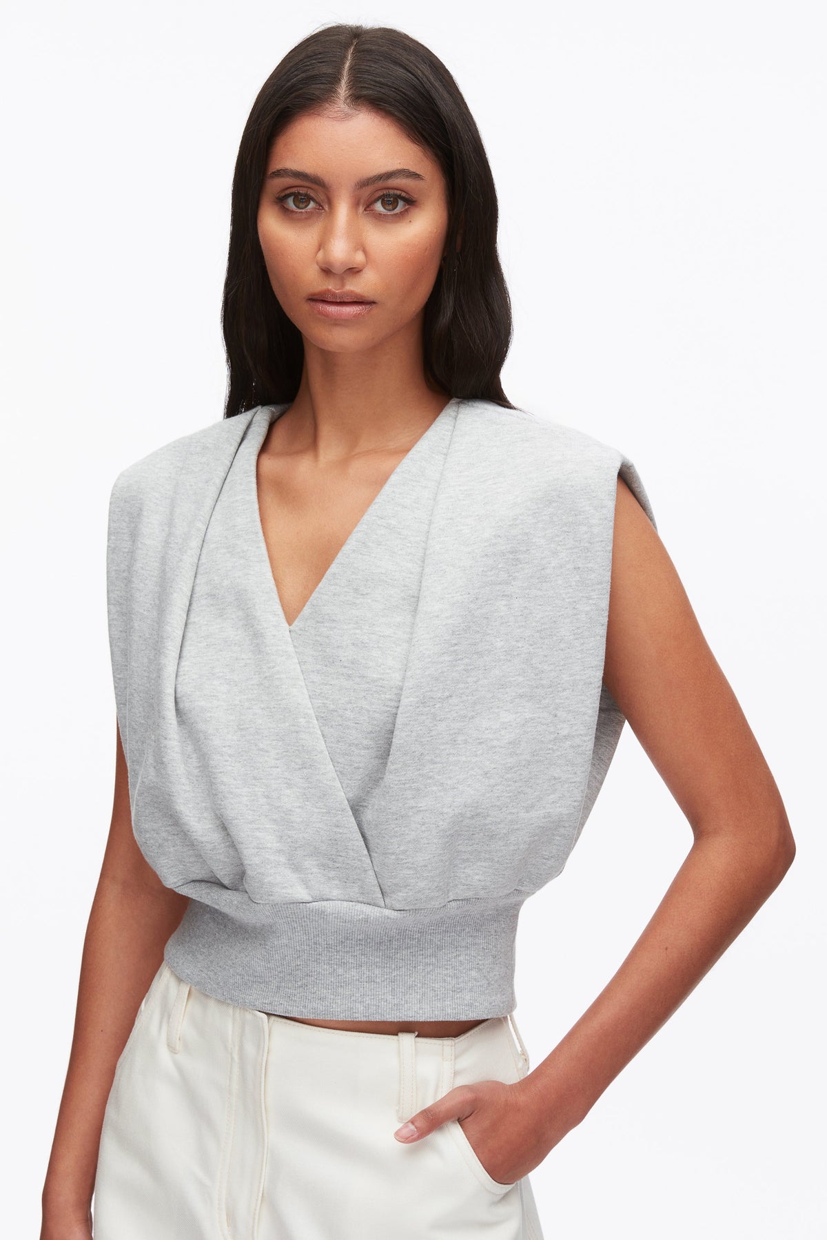 Draped Sleeveless French Terry Top Lt Grey Melange