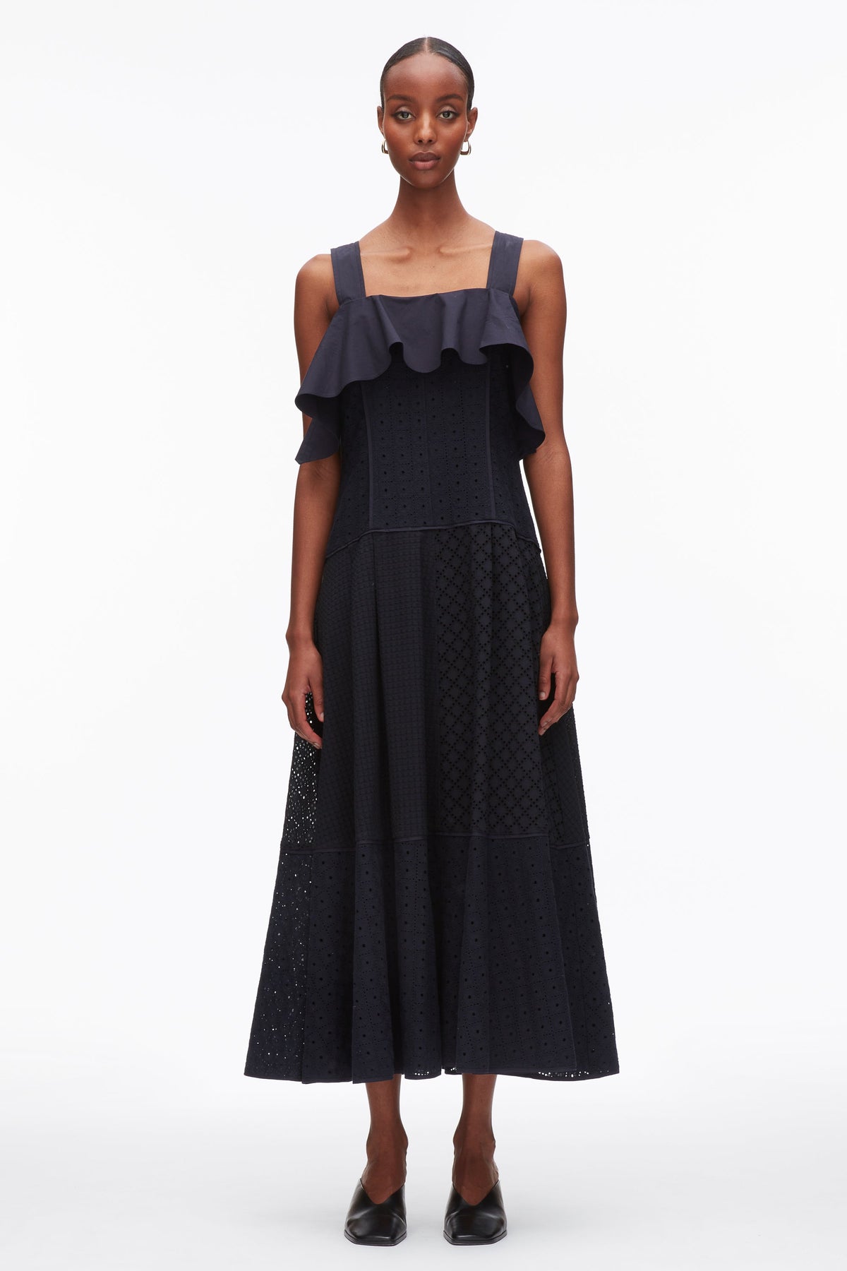 Broderie Anglaise Patchwork Cascade Midi Dress Midnight