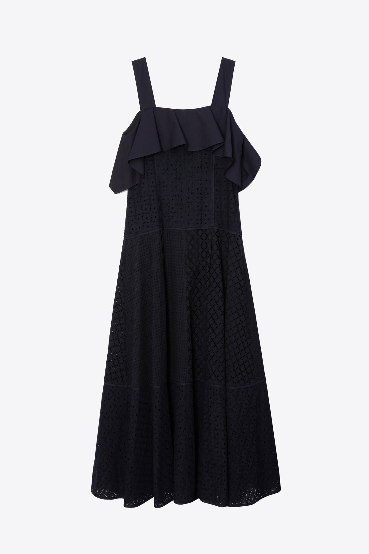 Broderie Anglaise Patchwork Cascade Midi Dress Midnight