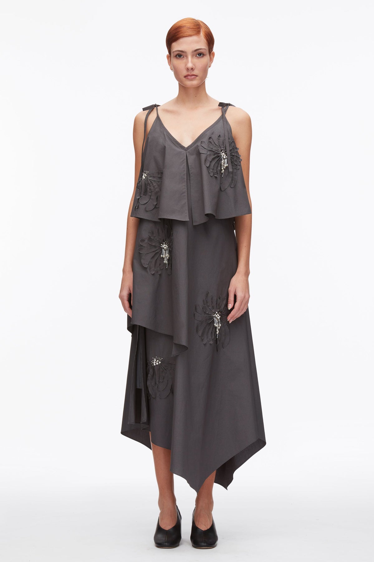 Layered Midi Dress with Floral Appliqué Slate