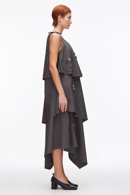 Layered Midi Dress with Floral Appliqué Slate