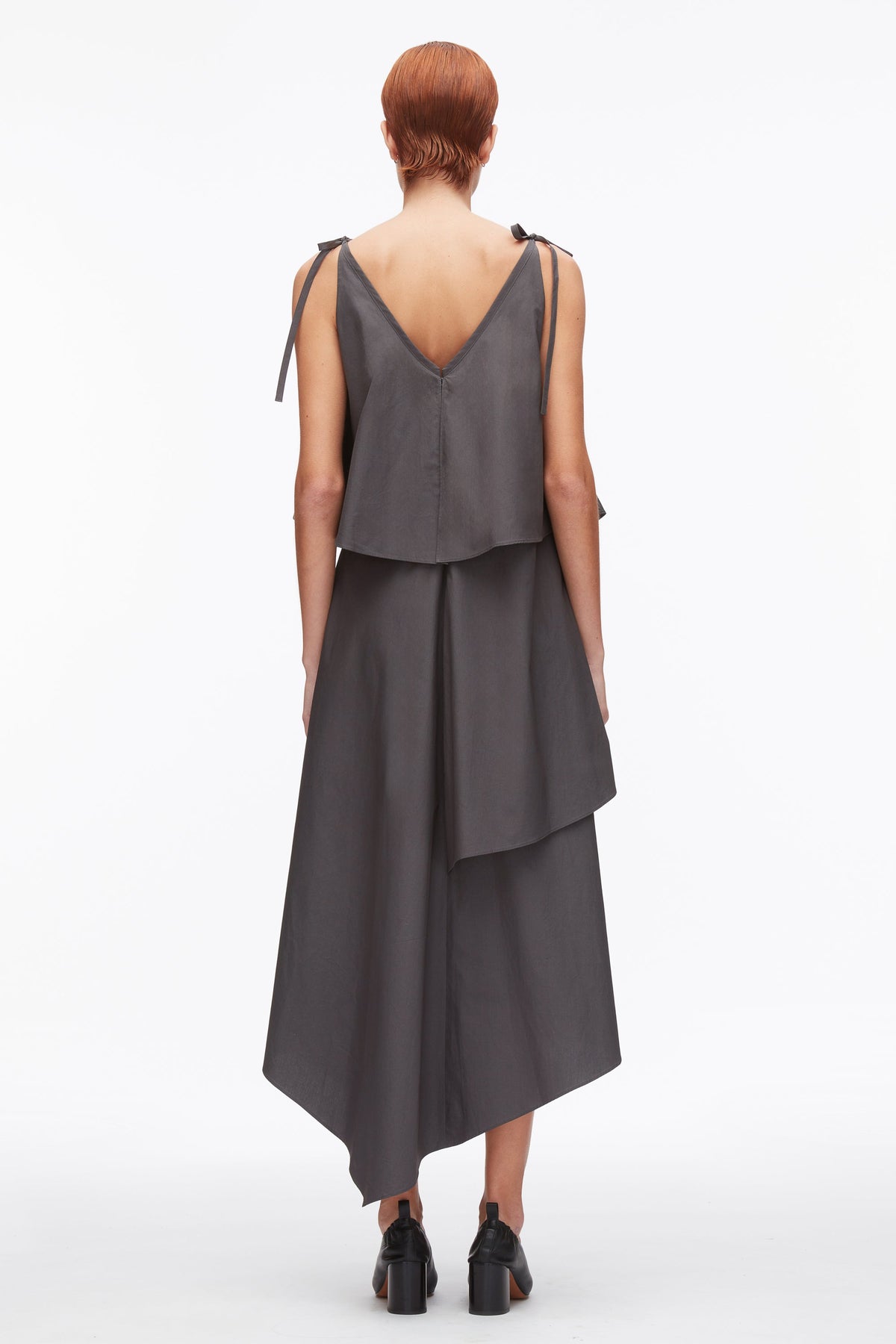 Layered Midi Dress with Floral Appliqué Slate