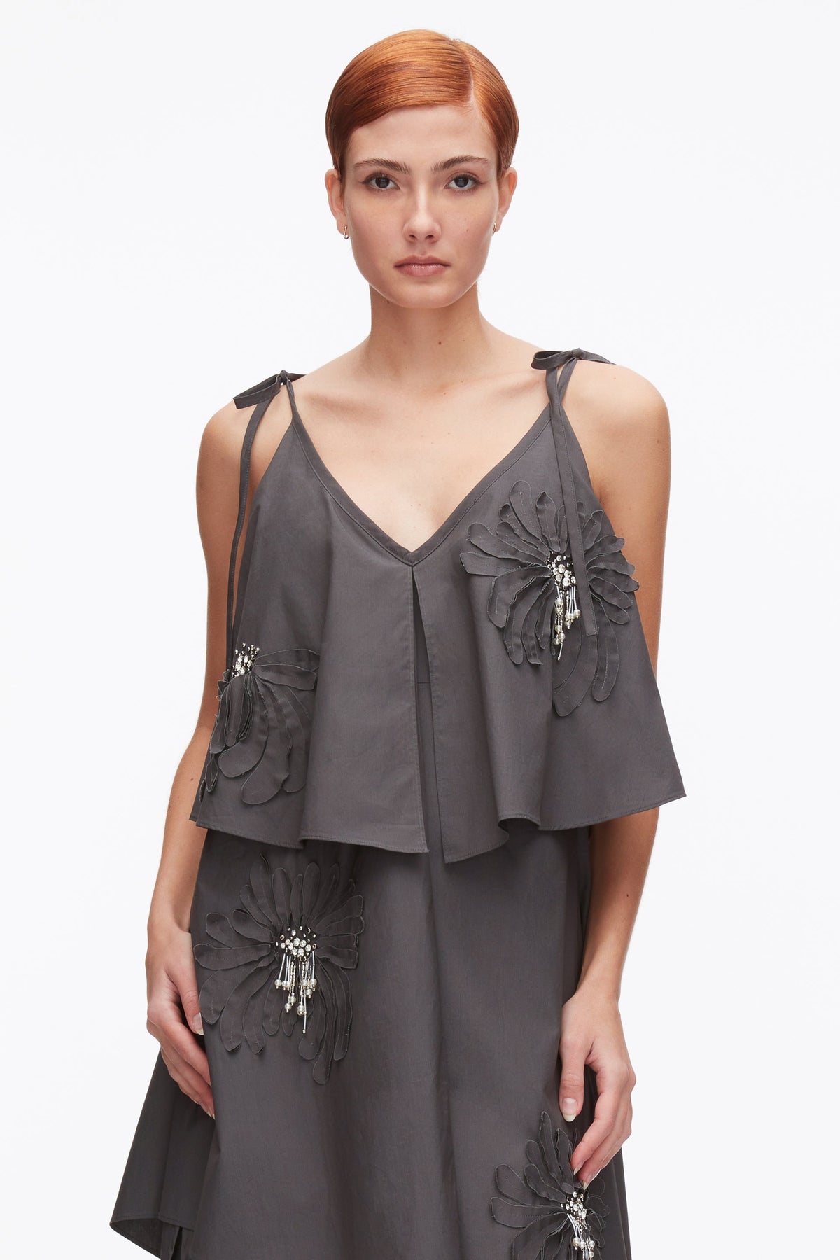 Layered Midi Dress with Floral Appliqué Slate