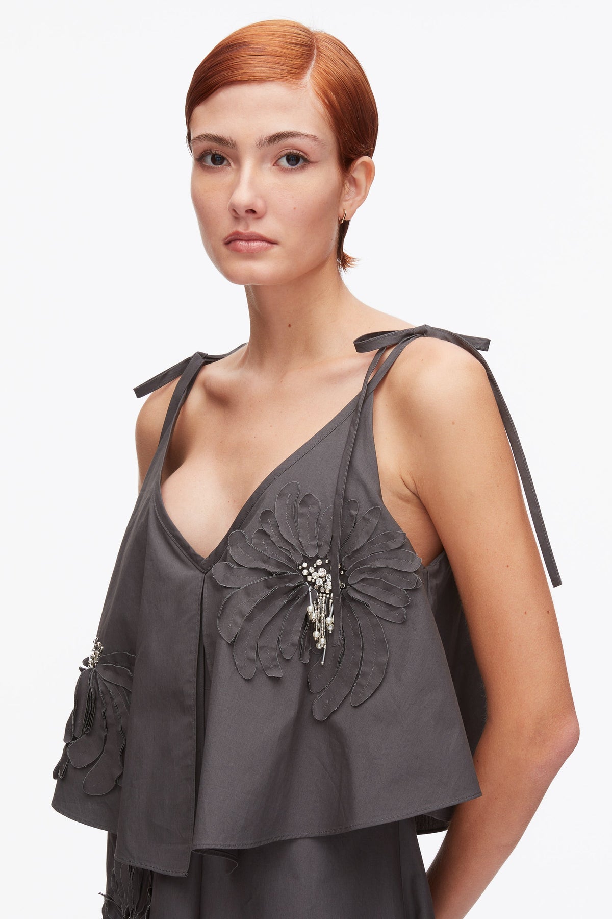 Layered Midi Dress with Floral Appliqué Slate