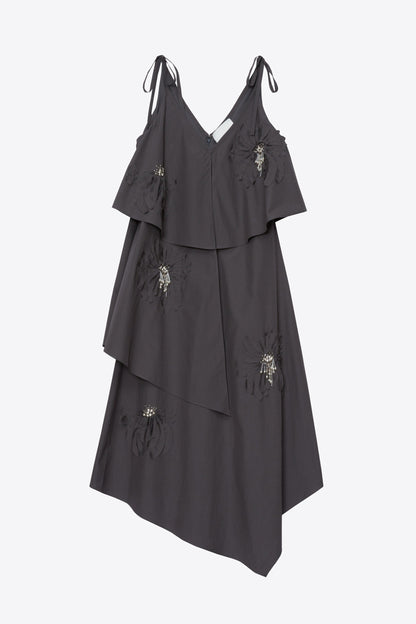 Layered Midi Dress with Floral Appliqué Slate