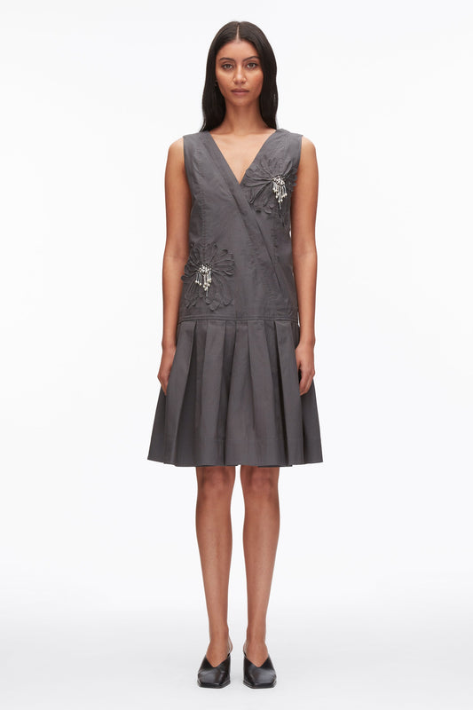 Draped Tank Dress with Floral Appliqué Slate