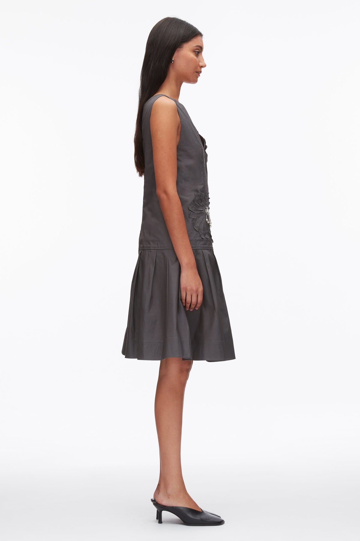 Draped Tank Dress with Floral Appliqué Slate
