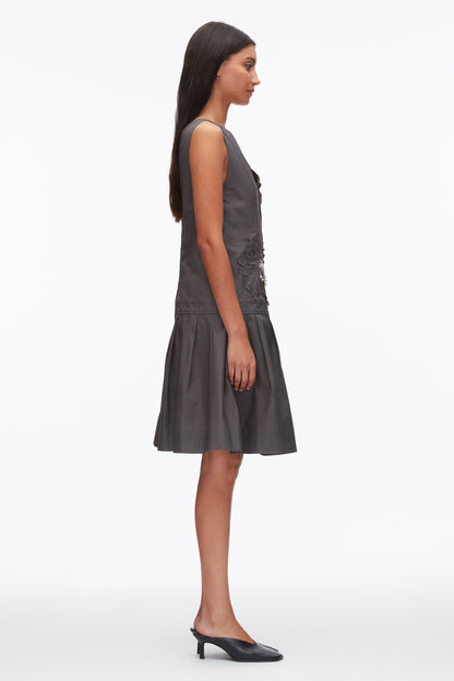 Draped Tank Dress with Floral Appliqué Slate