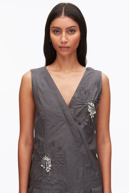 Draped Tank Dress with Floral Appliqué Slate