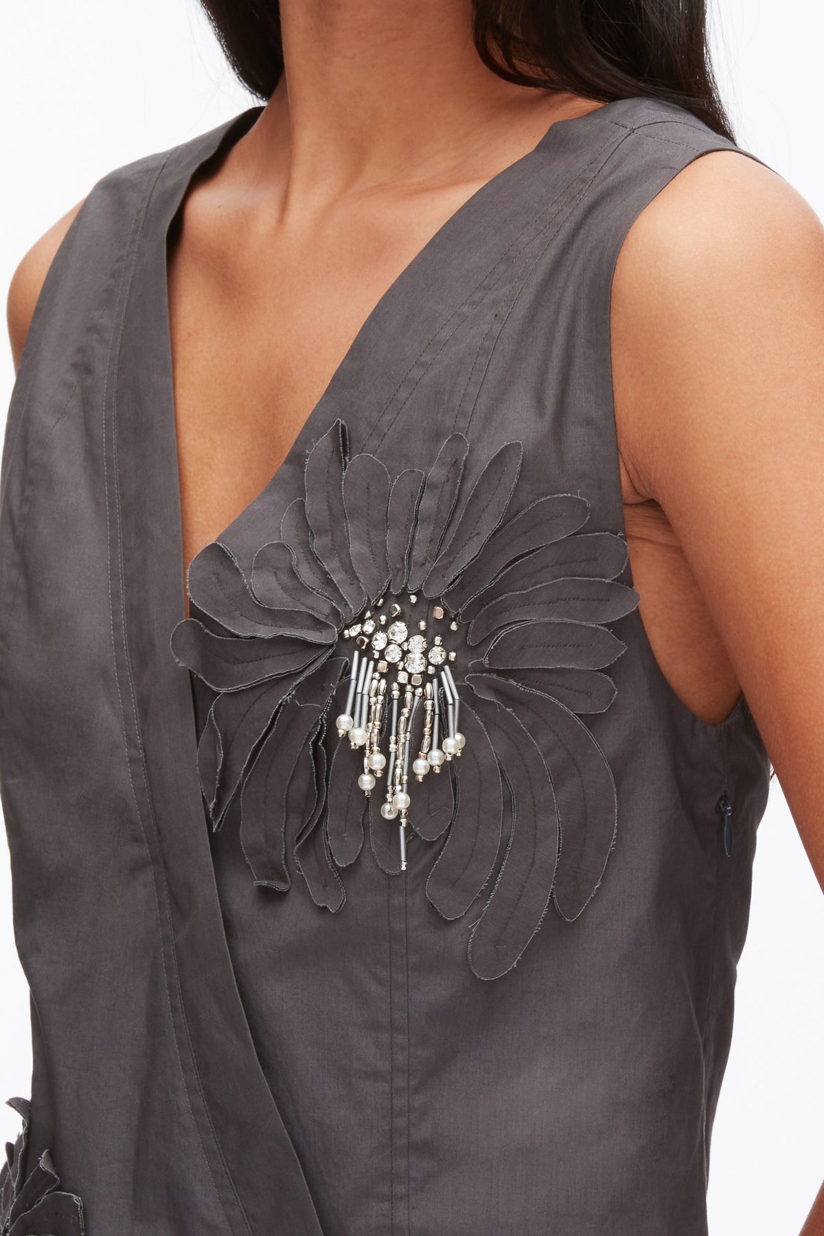 Draped Tank Dress with Floral Appliqué Slate