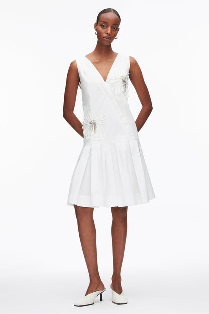 Draped Tank Dress with Floral Appliqué White