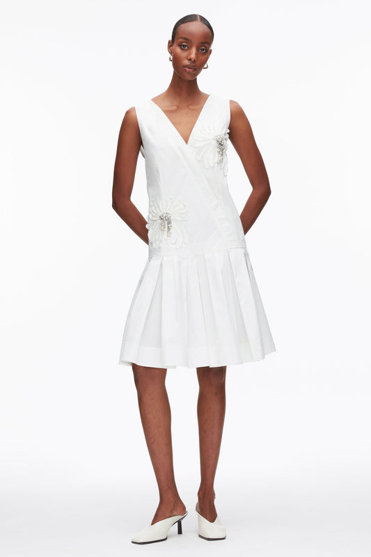Draped Tank Dress with Floral Appliqué White