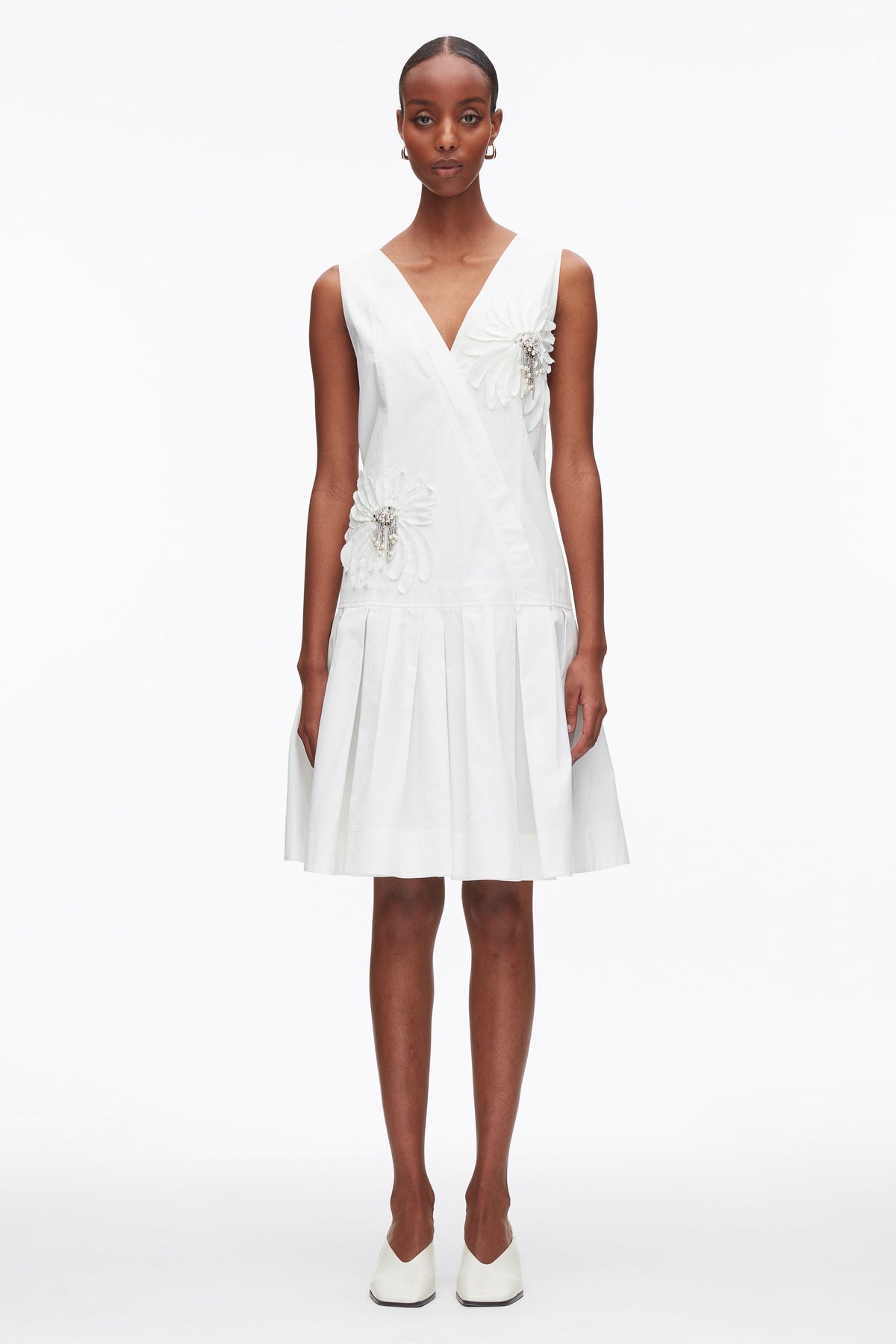 Draped Tank Dress with Floral Appliqué White
