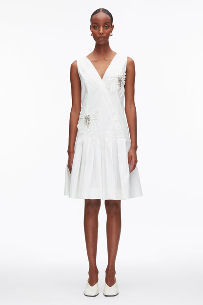 Draped Tank Dress with Floral Appliqué White