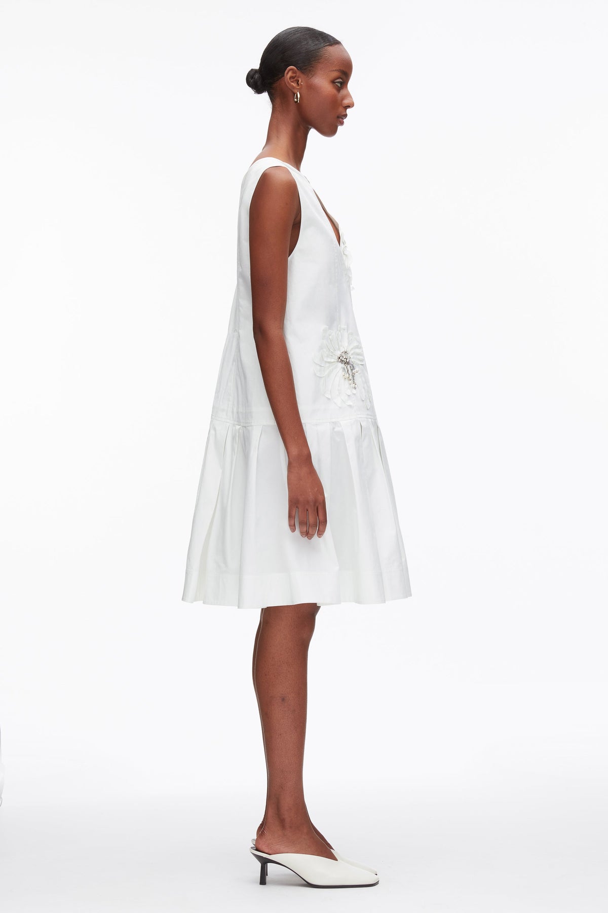 Draped Tank Dress with Floral Appliqué White