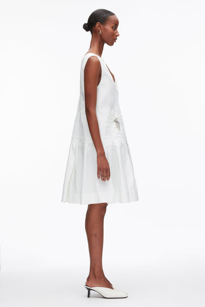 Draped Tank Dress with Floral Appliqué White