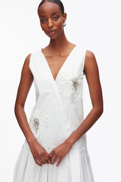Draped Tank Dress with Floral Appliqué White
