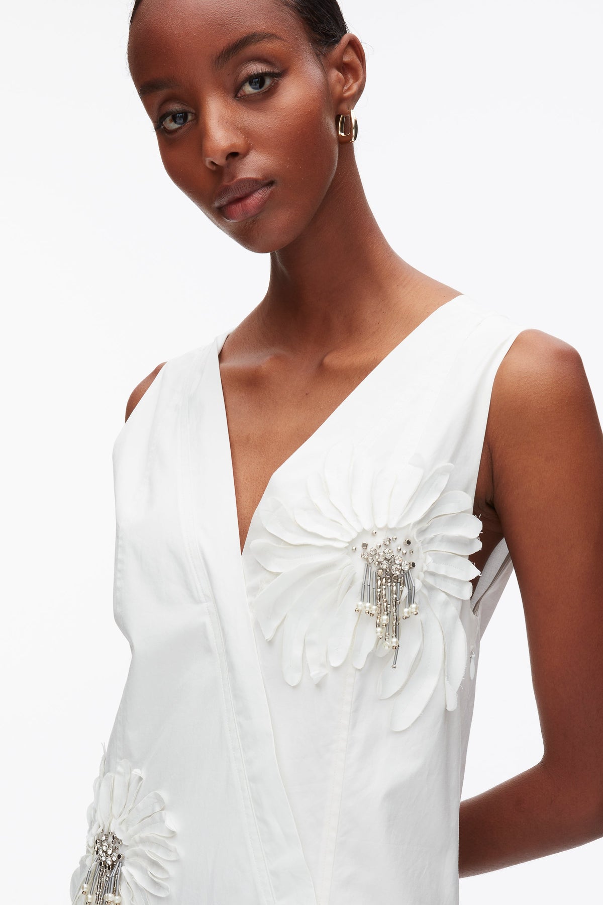 Draped Tank Dress with Floral Appliqué White