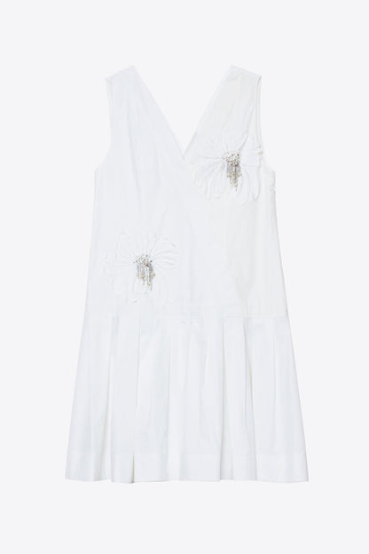 Draped Tank Dress with Floral Appliqué White