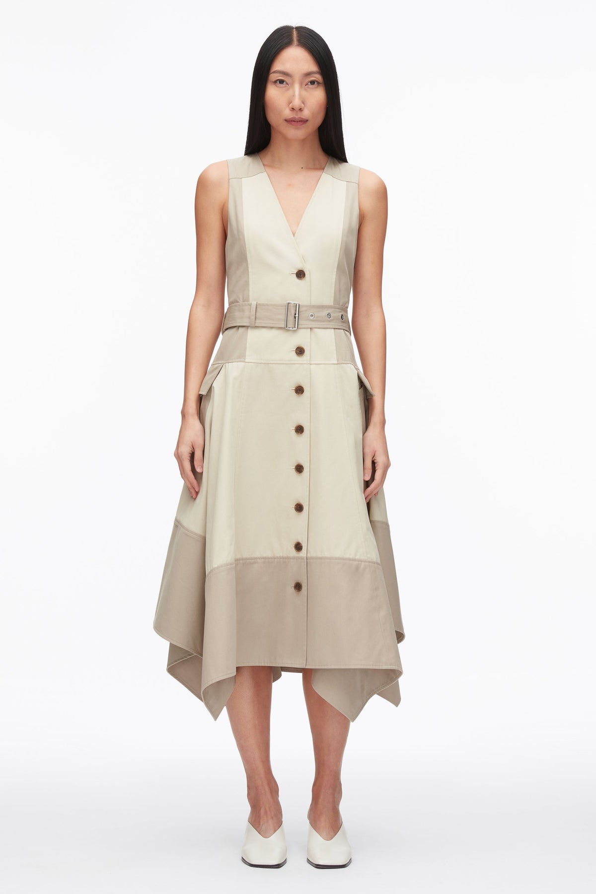Patchwork Sleeveless Belted Utility Dress Khaki-Birch