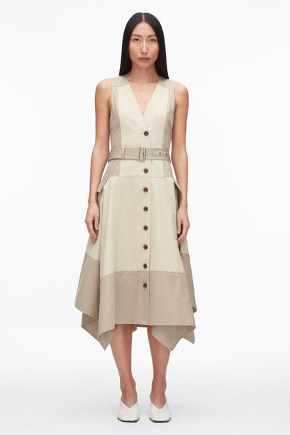 Patchwork Sleeveless Belted Utility Dress Khaki-Birch