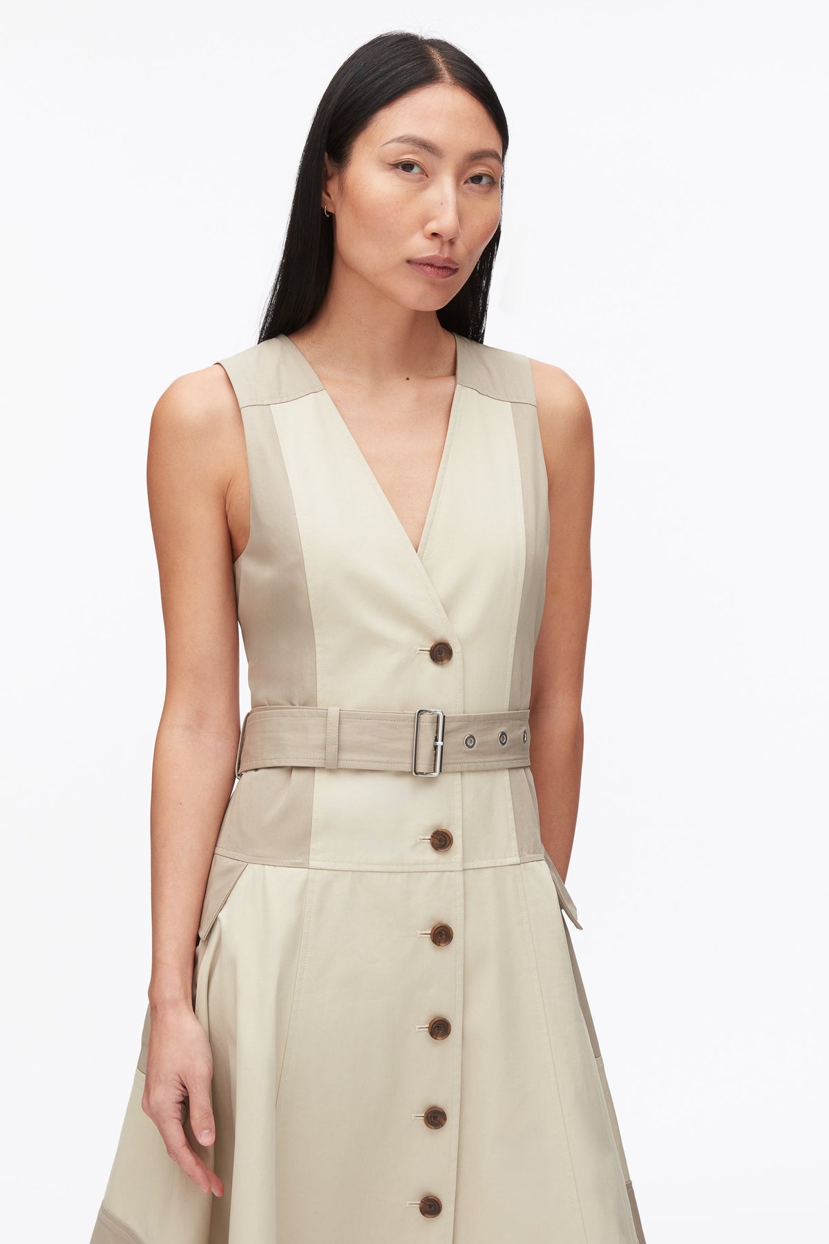 Patchwork Sleeveless Belted Utility Dress Khaki-Birch